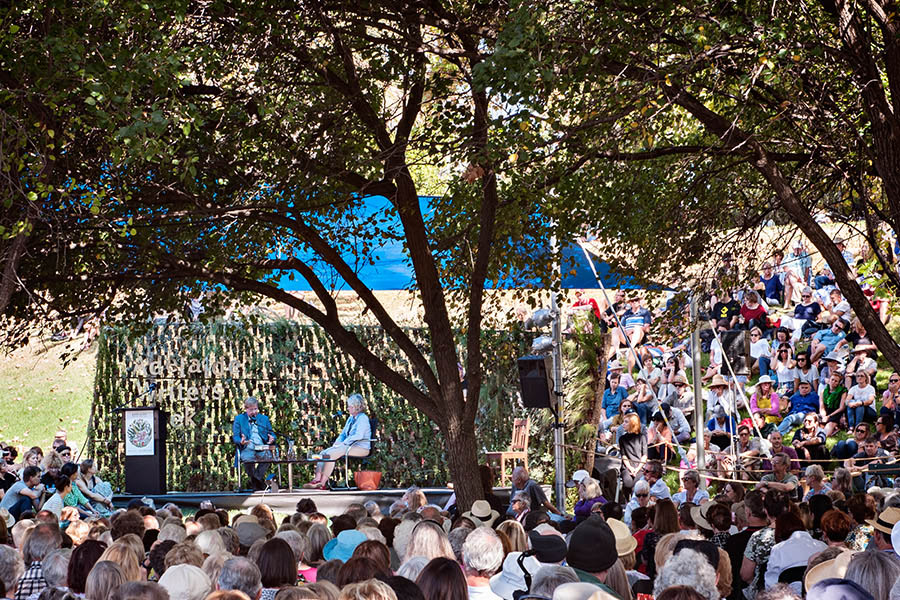 Looking at the East Stage of Adelaide Writers' Week with a massive crowd sitting in the shade of the trees