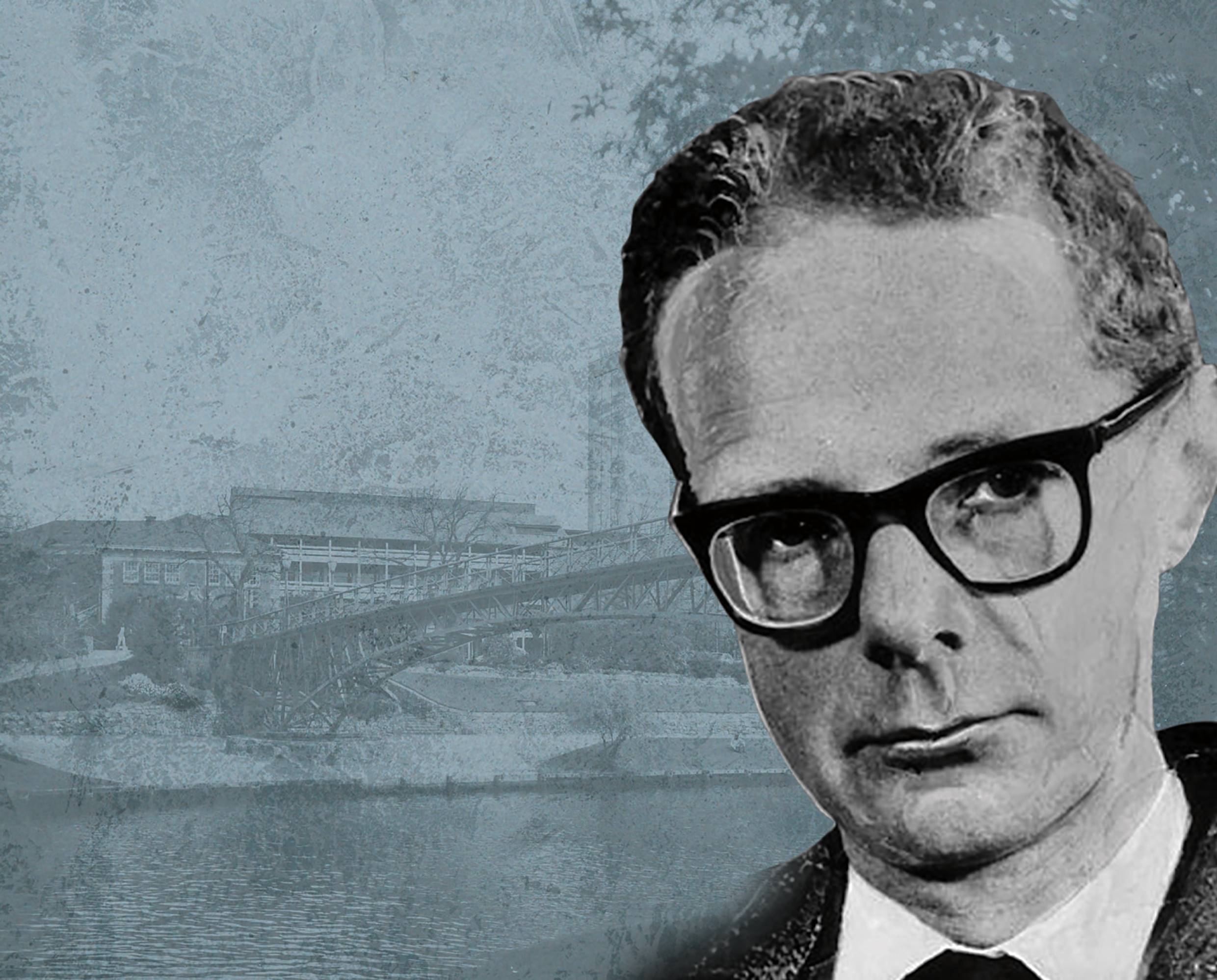 A black and white photo of Dr George Duncan, a man wearing glasses with close-cropped curly hair, is set over a photo of the University Footbridge and the Torrens River.