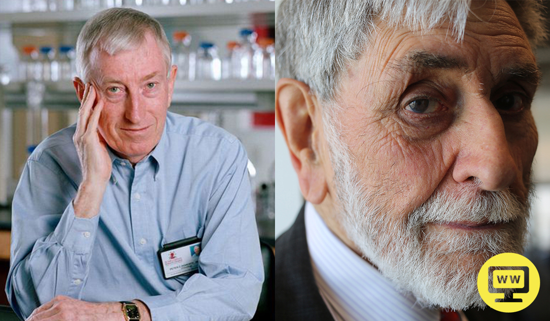 Peter Doherty and Barry Jones are pictures. Peter wears a blue shirt with an ID badge in front of a laboratory. Barry Jones wears a black suit. Both have short grey hair.