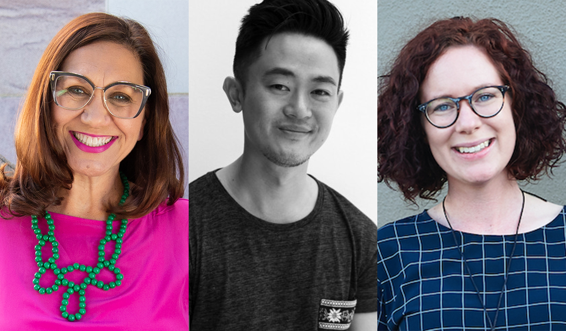 Anita Heiss wears a pink shirt, green necklace and smiles, she has brown hair and pink lipstick. Benjamin Law has short dark hair and wears a dark T-Shirt. Fiona Murphy is smiling and wears a blue top, glasses and a necklace, she has dark curly hair. 