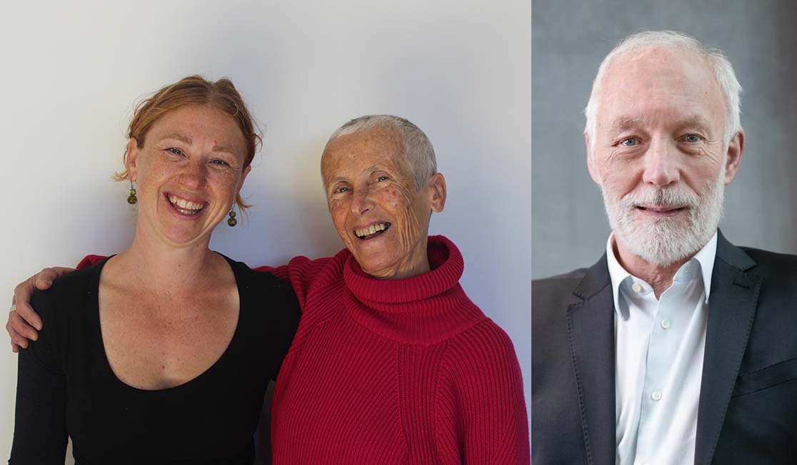 Cécile Barral and Oceane Campbell are pictured together with their arms around each other. Cécile  has red hair and wears a black top, while Oceane has short grey hair and wears a red jumper. Patrick McGorry has white hair, a white beard and wears a dark suit. All three are smiling at the camera.