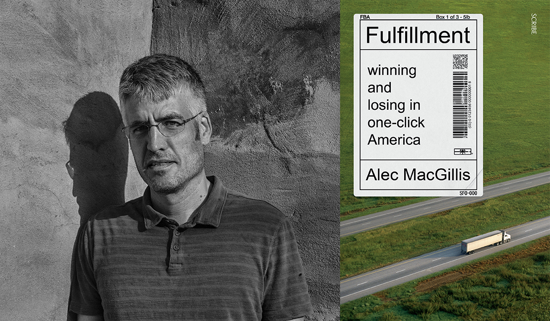 Alec MacGillis' photo is black and white. He has grey hair and stubble and is looking at the camera with a serious expression. He is wearing glasses and a striped polo shirt.