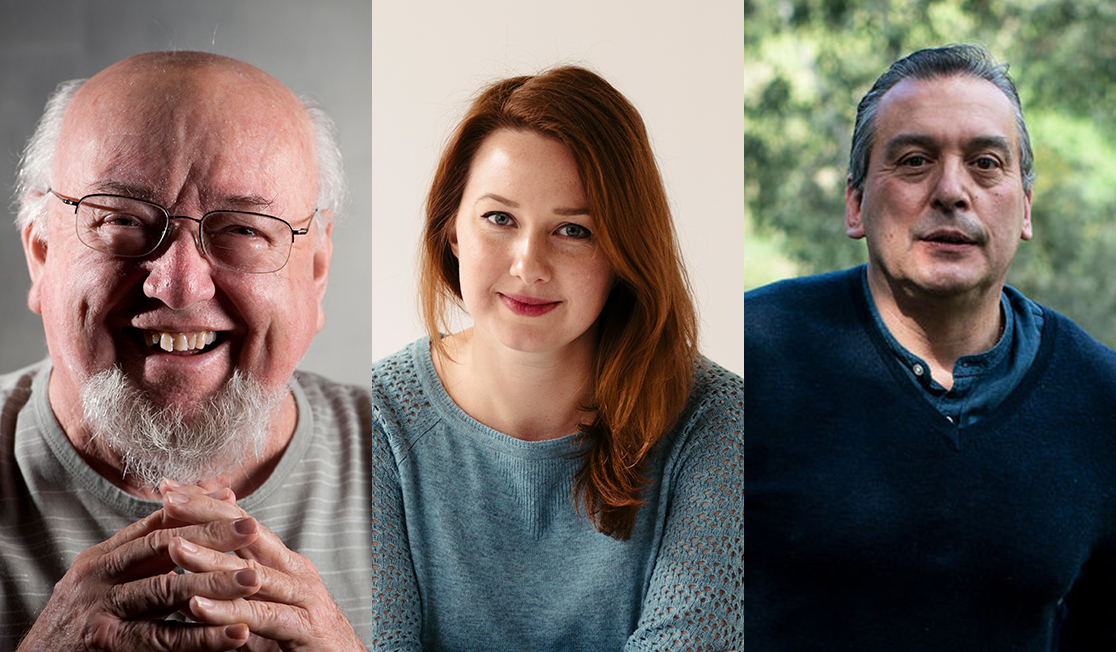 Thomas Keneally holds his hands in front of him, he smiles and wears a grey t-shirt and glasses. Hannah Kent has long red hair and wears a blue jumper. Christos Tsiolkas wears a dark jumper, he has short grey hair