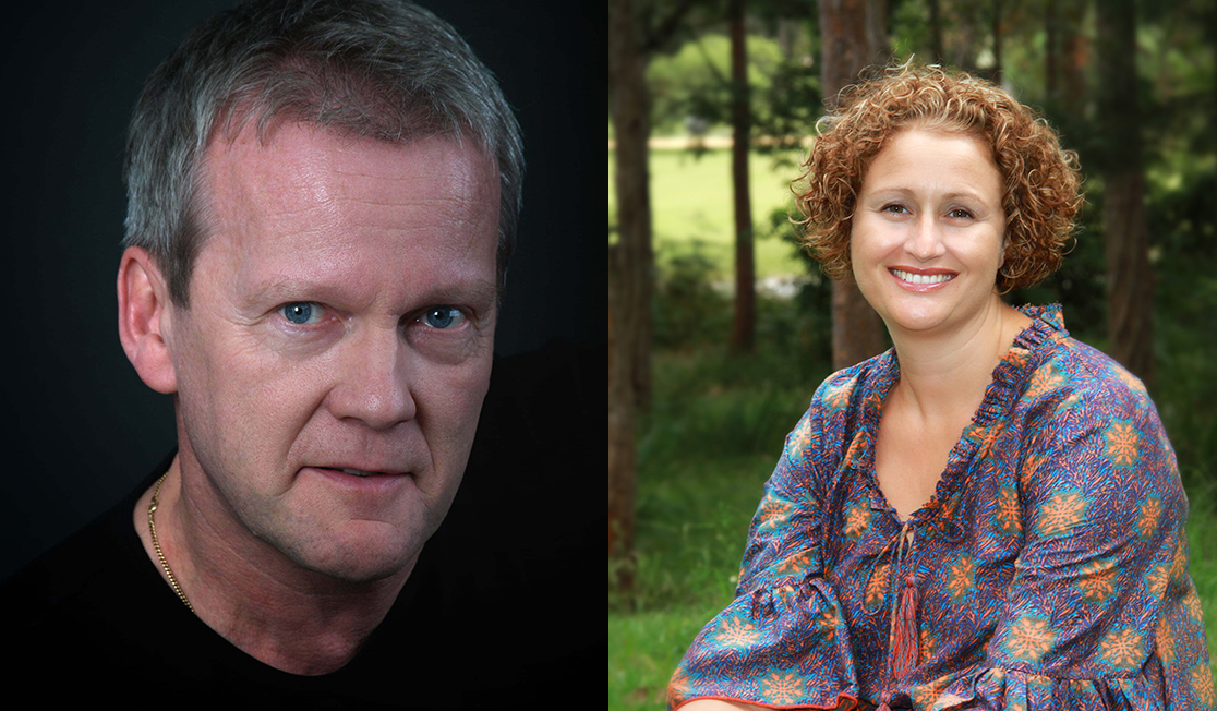 Pasi Sahlberg has grey hair, is wearing a black t-shirt and is smiling slightly. Gabbie Stroud has short, curly, red hair and wears a purple, blue and yellow patterned blouse; she is smiling broadly.